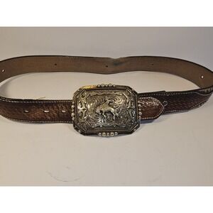 The Drop Bronc Belt Buckle with Nocona Cowhide Belt Size 34 Western Cowboy